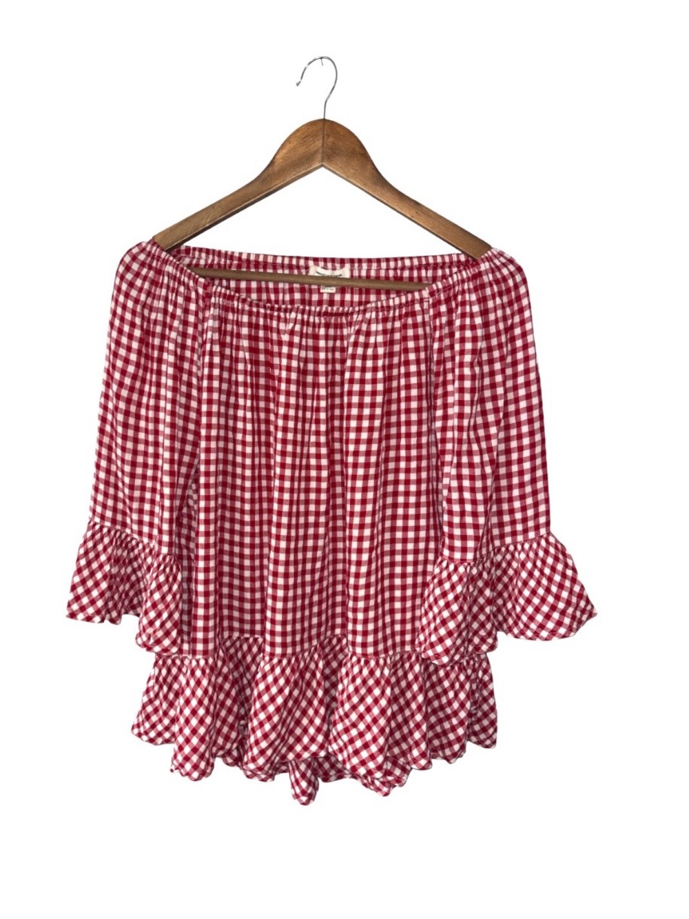 BeachLunchLounge Red White Plaid Gingham Off Shoulder Blouse Top Size Medium